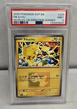 Pikachu 2025 Worlds Celebration WINNER Promo Pokemon SVP #225 PSA 9 - Image 3