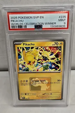 Pikachu 2025 Worlds Celebration WINNER Promo Pokemon SVP #225 PSA 9 - Image 5