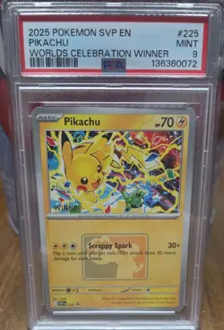 Pikachu 2025 Worlds Celebration WINNER Promo Pokemon SVP #225 PSA 9 - Image 1