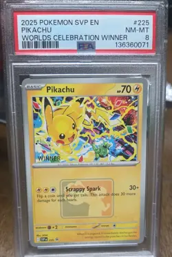2025 POKEMON SVP PROMO WORLDS CELEBRATION TOURNAMENT WINNER #225 PIKACHU PSA 8 - Image 1
