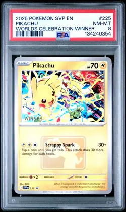 2025 POKEMON SVP PROMO WORLDS CELEBRATION TOURNAMENT WINNER #225 PIKACHU PSA 8 - Image 1