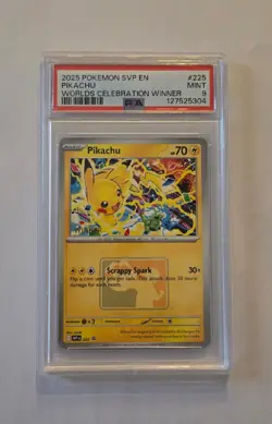 Pikachu 2025 Worlds Celebration WINNER Promo Pokemon SVP #225 PSA 9 - Image 1