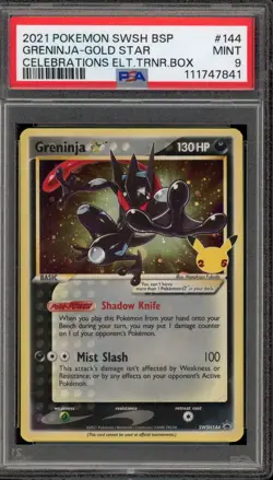 Pokemon Greninja Gold Star Celebrations ETB Black Star Holo Promo SWSH144 PSA 9 - Image 1