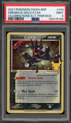 Pokemon Greninja Gold Star Celebrations ETB Black Star Holo Promo SWSH144 PSA 9 - Image 1