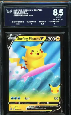 ARK 8.5 - 2021 Celebrations Pokemon TCG Surfing Pikachu V 008 Holo Rare V - Image 1