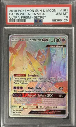 2018 POKEMON SUN & MOON ULTRA PRISM FA/DN.WGS.NCRZM.GX#161-SECRET PSA 10 - Image 1