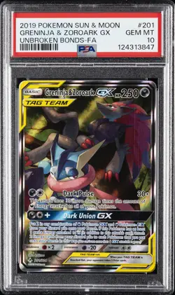 2019 POKEMON SUN & MOON UNBROKEN BONDS FULL ART/GRENINJA & ZOROARK GX PSA 10 - Image 1