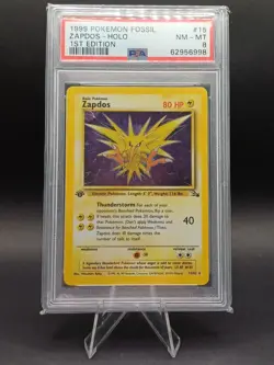 Pokemon TCG Zapdos 1st Edition Holo Rare Card Fossil 15/62 PSA 8 - Image 1