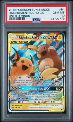 PSA 10 2019 POKEMON SUN & MOON UNIFIED MINDS #54 RAICHU & ALOLAN RAICHU GX - Image 1