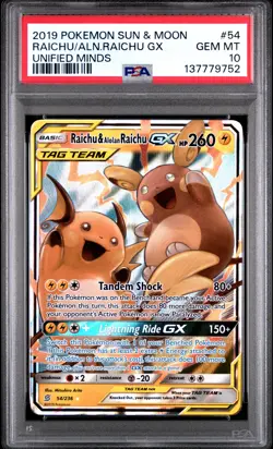 2019 POKEMON SUN & MOON UNIFIED MINDS #54 RAICHU & ALOLAN RAICHU GX PSA 10 - Image 1