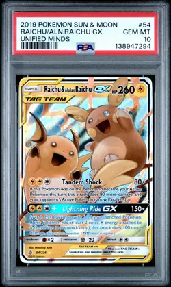 2019 POKEMON SUN & MOON UNIFIED MINDS #54 RAICHU & ALOLAN RAICHU GX PSA 10 - Image 1