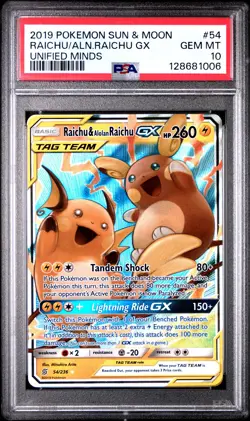 2019 POKEMON SUN & MOON UNIFIED MINDS #54 RAICHU & ALOLAN RAICHU GX PSA 10 - Image 1