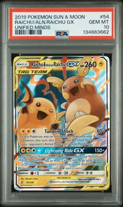 2019 POKEMON SUN & MOON UNIFIED MINDS #54 RAICHU & ALOLAN RAICHU GX PSA 10 - Image 1