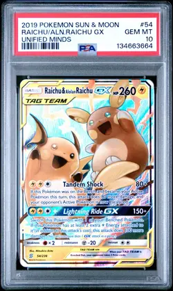 2019 POKEMON SUN & MOON UNIFIED MINDS #54 RAICHU & ALOLAN RAICHU GX PSA 10 - Image 1