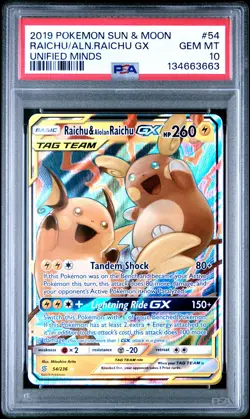 2019 POKEMON SUN & MOON UNIFIED MINDS #54 RAICHU & ALOLAN RAICHU GX PSA 10 - Image 1