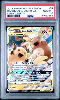 2019 POKEMON SUN & MOON UNIFIED MINDS #54 RAICHU & ALOLAN RAICHU GX PSA 10 - Image 1