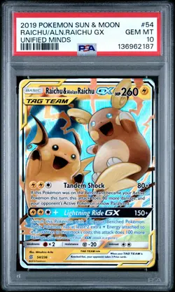 2019 POKEMON SUN & MOON UNIFIED MINDS #54 RAICHU & ALOLAN RAICHU GX PSA 10 - Image 1