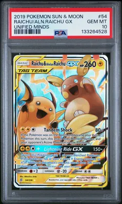 2019 POKEMON SUN & MOON UNIFIED MINDS #54 RAICHU & ALOLAN RAICHU GX PSA 10 - Image 1