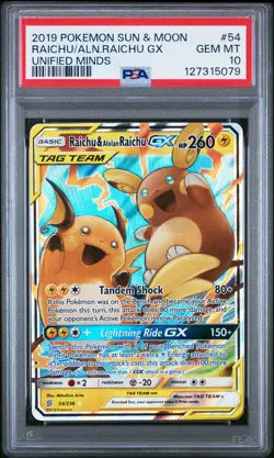 2019 POKEMON SUN & MOON UNIFIED MINDS #54 RAICHU & ALOLAN RAICHU GX PSA 10 - Image 1