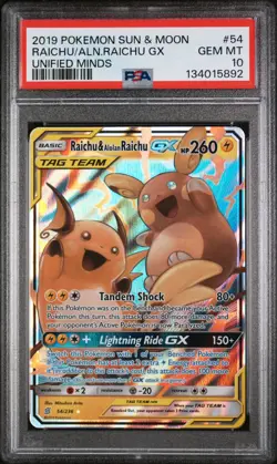 PSA 10 2019 POKEMON SUN & MOON UNIFIED MINDS #54 RAICHU & ALOLAN RAICHU GX - Image 1