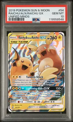 2019 POKEMON SUN & MOON UNIFIED MINDS #54 RAICHU & ALOLAN RAICHU GX PSA 10 - Image 1