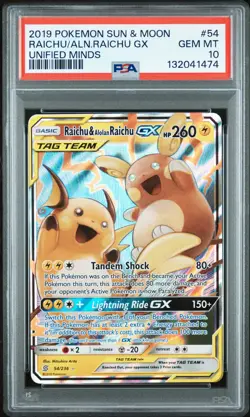 2019 POKEMON SUN & MOON UNIFIED MINDS #54 RAICHU & ALOLAN RAICHU GX PSA 10 - Image 1