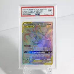 Pokemon Unified Minds 242/236 Mewtwo & Mew GX Rainbow Secret Rare PSA 9 Mint - Image 1