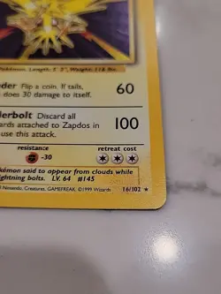 1999 Pokemon WOTC: Base Set Zapdos 16/102 Holo Rare - NM - Image 4