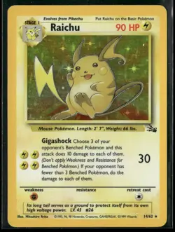 1999 Classic - Fossil - Vintage Pokemon Raichu Stage 1/Rare Holo #14/62 NM Holo - Image 1