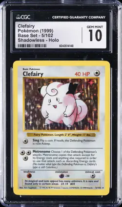 1999 POKEMON BASE SET SHADOWLESS #5 CLEFAIRY CGC 10 - Image 1