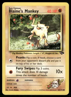 Pokemon Cards Blaine's Mankey 63/132 UNLIMITED Gym Challenge WOTC Common NM - Image 1