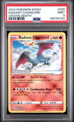 2023 POKEMON SWORD & SHIELD CROWN ZENITH #020 RADIANT CHARIZARD PSA 9 - Image 1
