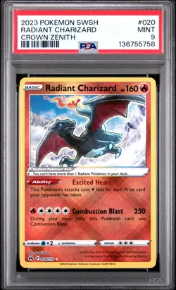 2023 POKEMON SWORD & SHIELD CROWN ZENITH #020 RADIANT CHARIZARD PSA 9 - Image 1