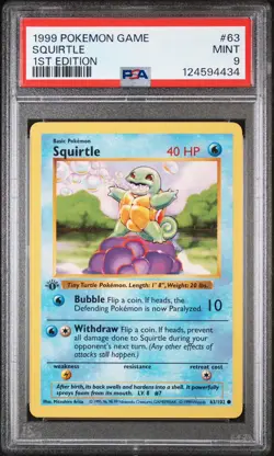 Pokemon PSA 9 MINT Squirtle 1st Edition Shadowless Base Set 1999 Card 63/102 - Image 1