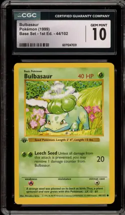 Pokemon Bulbasaur Base Set Shadowless 1st Edition #44 CGC 10 Gem Mint - Image 1