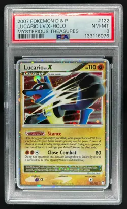 2007 Pokemon Diamond Pearl Mysterious Treasures Lucario LV.X Holo #122/123 PSA 8 - Image 1