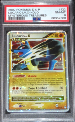 2007 POKEMON DIAMOND PEARL LUCARIO LV.X HOLO MYSTERIOUS TREASURES 122/123 PSA 8 - Image 1