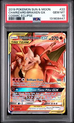 2019 POKEMON SM COSMIC ECLIPSE #22/236 CHARIZARD & BRAIXEN GX TAG TEAM PSA 10 - Image 1