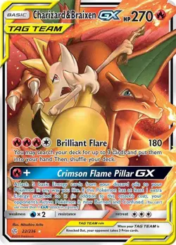Pokemon Charizard & Braixen GX 22/236 Sm-Cosmic Eclipse Holo Tag Team - Image 1