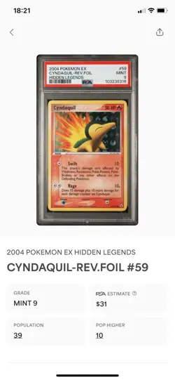 Cyndaquil 59/101 Pokemon Card Ex Hidden Legends Reverse Holo PSA 9 MINT - Image 3