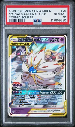 2019 POKEMON SUN & MOON COSMIC ECLIPSE #75 SOLGALEO & LUNALA GX PSA 10 - Image 1