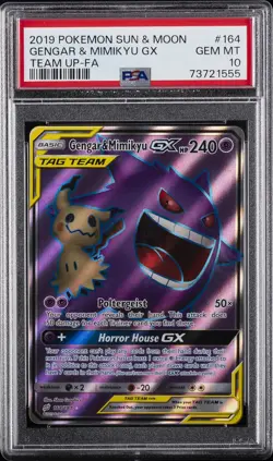 2019 POKEMON SUN & MOON TEAM UP #164 FULL ART/GENGAR & MIMIKYU GX PSA 10 - Image 1