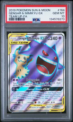2019 POKEMON SUN & MOON TEAM UP #164 FULL ART/GENGAR & MIMIKYU GX PSA 10 - Image 1