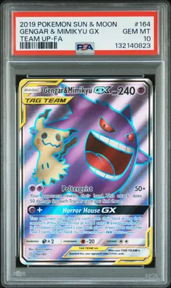 2019 POKEMON SUN & MOON TEAM UP #164 FULL ART/GENGAR & MIMIKYU GX PSA 10 - Image 1