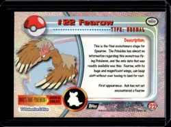 1999 Topps Pokemon TV Animation Edition Series 1 Fearow Black Logo #22 - Image 2
