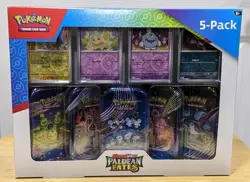 Pokemon Scarlet & Violet Paldean Fates 5 Mini Tins w/ 4 Promos Costco Bundle - Image 1