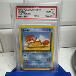 1999 Pokemon Fossil Krabby 1st Edition #51 PSA 10 GEM MINT - Image 1