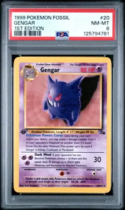 1999 Pokemon Fossil #20 Gengar 1st Edition PSA 8 NM-MT NEWLY GRADED! - Image 1