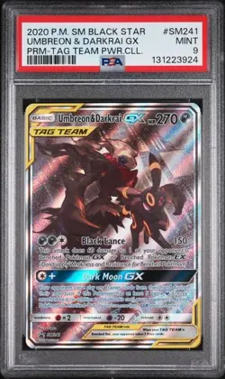 2020 POKEMON SM BLACK STAR PROMO #SM241 UMBREON & DARKRAI GX PSA 9 (Q924) - Image 1