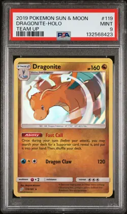 2019 POKEMON SUN & MOON TEAM UP #119 DRAGONITE-HOLO PSA 9 - Image 1
